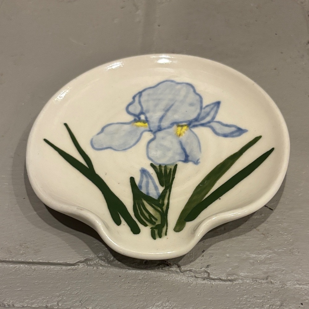 Handmade Floral Pottery Spoon Rest with‎ Blue Iris Design